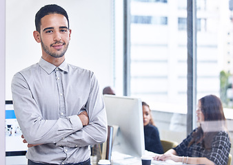 Image showing Leader, portrait and agency worker or manager feeling confident at a company or office. Istanbul, startup and corporate businessman or entrepreneur at work on a mission of future growth