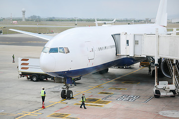 Image showing Airport, travel and airplane on runway for flight takeoff, international and commercial transportation. Air transport, boarding and plane at terminal to global destination, location and country