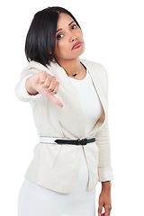 Image showing Businesswoman, thumbs down and isolated on a white background standing with sad expression. Portrait of young business woman, person or model showing thumb down gesture on a white studio background