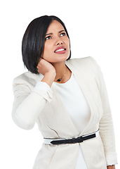 Image showing Woman, corporate and studio for neck pain, burnout and tired by white background. Executive leader, isolated entrepreneur or boss for stress injury, hurt muscle and frustrated professional in suit