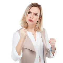 Image showing Woman, angry in portrait with fist and fight pose with self defense and fighter isolated on white background. Anger, warning and conflict with violence and female fighting face, punch and attack