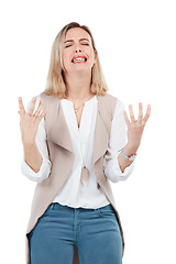 Image showing Woman crying, frustrated hand gesture and angry person stressed, isolated on white background. People with mental health problem in studio, sad woman with hands up in frustration, anger and burnout.