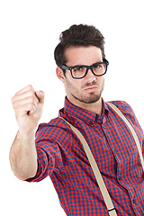 Image showing Portrait, man and fist for anger, fight and frustrated with guy isolated on white studio background. Face, young person and male with gesture for conflict, warning and threatening with aggression