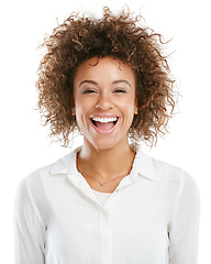 Image showing Beauty, smile and portrait of black woman on a white background with cosmetics, glowing and healthy skin. Excited, happy and isolated headshot of girl model with success, good news and confidence