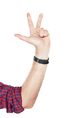 Image showing Numbers, counting and hand of a man with a countdown isolated on a white background. Communication, sign language and person with fingers for an opinion, showing and gesturing on a studio backdrop