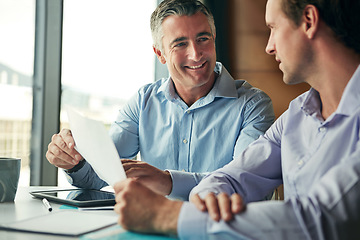 Image showing Business people, meeting and talking about idea, corporate planning and strategy in office. Men together for finance collaboration with paperwork in conversation about growth, vision and development