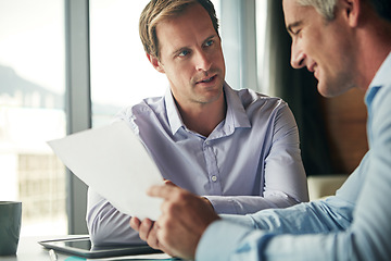 Image showing Business people, paperwork and talking about planning, strategy idea or negotiation in office. Corporate men together for finance collaboration during conversation about vision for growth development