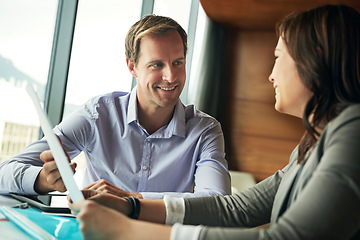 Image showing Partnership, documents and business people in meeting working on goals, b2b network and business deal. Teamwork, corporate manager and man and woman in discussion for contract, strategy and proposal