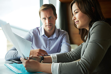 Image showing Meeting, teamwork and business people with contract working on goals, networking and business deal. Teamwork, corporate manager and man and woman in discussion for b2b startup, strategy and proposal