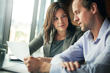 Image showing Meeting, partnership and business people with documents working on goals, networking and business deal. Teamwork, corporate manager and man and woman in discussion for contract, strategy and proposal