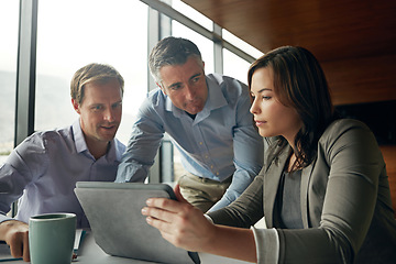 Image showing Business people, tablet and team with technology and collaboration in business meeting, corporate and working together. Teamwork, digital information or document, wifi internet and communication