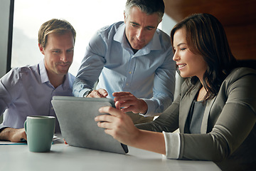 Image showing Business people, tablet and teamwork, tech and collaboration in business meeting, corporate and working together. Employees, research with digital information or document, internet and communication