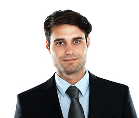 Image showing Face, businessman and leader in studio with future vision while standing on white background. Portrait, handsome and young entrepreneur motivated by startup goal, idea and mindset while isolated