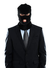 Image showing Corporate, crime and mask portrait of businessman hiding identity for criminal behaviour. Worker corruption with balaclava for theft and scam in isolated studio with white background.