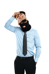 Image showing Corruption, thief and mask portrait of businessman hiding identity for fraud and criminal behaviour. Corporate worker with balaclava for theft, scam or burglary on isolated white background.