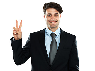 Image showing Portrait, businessman and peace, hand and sign in studio, mindset and standing on white background. Peace sign, emoji and young entrepreneur confident about startup, idea and career goal and isolated