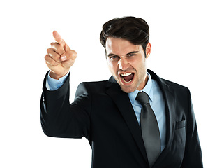 Image showing Shouting, hand pointing and angry man portrait of a business employee with white background. Frustrated, anger and shouting scream with hand gesture about work, stress and career mistake in studio