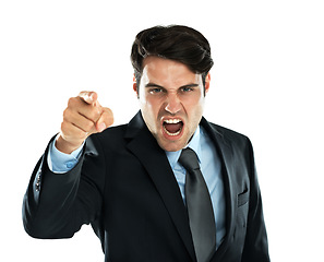 Image showing Shouting man, pointing and angry portrait of a business employee screaming with white background. Frustrated, anger and shouting with hand gesture about work, stress and career fail in studio