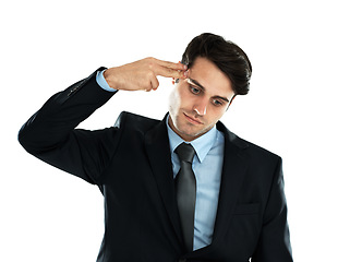 Image showing Stress, businessman and depression with hand gun to the head in studio against white background. Anxiety, suicide and young entrepreneur suffering mental breakdown after business fail and isolated