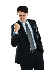 Image showing Fist pump celebration, portrait and businessman celebrate corporate victory, winning achievement or profit success. Winner pride, bonus salary and cocky studio lawyer or salesman on white background