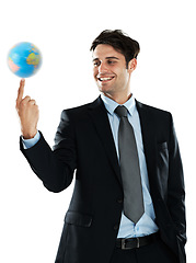 Image showing Globe spinning, business employee and man of global employee with earth, planet and sphere. Manager smile, international success and corporate suit of worker happy with isolated white background