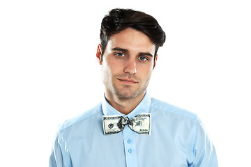 Image showing Busines man, portrait and money in studio with a dollar on shirt of entrepreneur for wealth, rich and luxury. Face of male model isolated on a white background with cash for investment or bribe deal