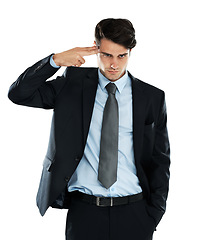 Image showing Businessman, depression and hand gun to the head in studio for stress against a white background. Anxiety, suicide and young entrepreneur suffering mental breakdown after business fail and isolated