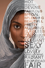 Image showing Beautiful, modest and portrait of a Muslim woman with words of affirmation isolated on a background. Reminder, confidence and Islamic girl with an hijab, message and empowerment on a studio backdrop