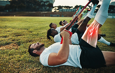 Image showing Sports, rugby or team and a man stretching his leg to warm up with red overlay to highlight a bone or muscle injury. Fitness, exercise and resistance with a male athlete training for a sport workout