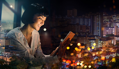 Image showing Night, city and tablet of woman by window for global networking, stock market review and data analytics. Bokeh lights, dark and happy person monitor data on digital technology, software or seo report