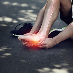 Image showing Man, sitting and foot injury at training, exercise and outdoor urban workout in street with sport shoes. Healthy runner, road and pain in joint, feet and rest after running in metro for body wellness
