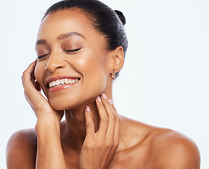 Image showing Beauty, skincare and face of a happy woman in studio for dermatology, cosmetics and natural soft skin. Aesthetic model person with luxury spa facial and healthy glow isolated on a white background