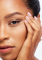 Image showing Beauty, skincare and zoom face of black woman in studio for wellness, healthy skin and dermatology. Self care, spa aesthetic and portrait of girl with cosmetics, makeup products and facial treatment