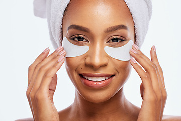 Image showing Black woman, beauty and eye patch portrait in studio for dermatology, cosmetics and natural skincare. Face of aesthetic model with collagen spa facial and healthy glow isolated on a white background