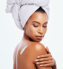 Image showing Beauty, woman and body cream for skincare in studio for dermatology, cosmetics and natural skin. Aesthetic model person with luxury spa product for a healthy glow isolated on a white background