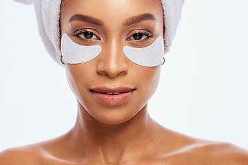 Image showing Beauty, eye patch and skincare for woman portrait in studio for natural dermatology. Aesthetic model for spa facial, towel and healthy or clean face glow cosmetic product isolated on white background