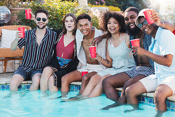 Image showing Pool party, beer and friends laughing, having fun and partying. Summer celebration, event and group portrait of people, men and women with alcohol, dip feet in water and laugh at funny joke or meme.