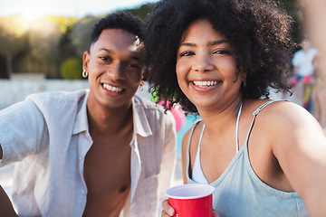 Image showing Selfie, party and summer with a black couple having fun outdoor while drinking at a celebration event. Love, alcohol and portrait with a young man and woman outside together at a birthday or social