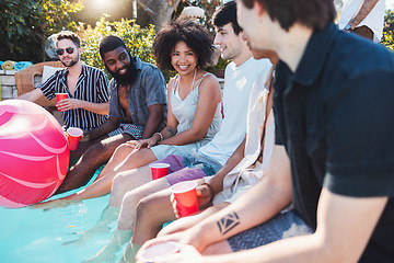 Image showing Holiday, drinks and people speaking in a pool at a summer party, celebration or event at a home. Diversity, vacation and friends talking, having fun and bonding by the swimming pool while drinking.