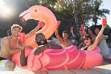 Image showing Beer, pool party and friends on flamingo, having fun and partying on new year. Summer celebration, water event or group portrait of drunk funny people laughing with alcohol, swimming or float on bird