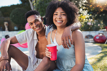 Image showing Portrait, party and summer with a black couple having fun outdoor while drinking at a celebration event. Love, alcohol and birthday with a young man and woman outside together at a social gathering