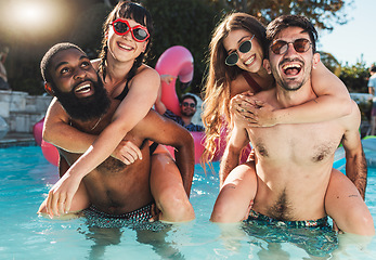 Image showing Piggyback portrait and couple of friends in pool for summer vacation leisure together in the sunshine. Gen z, youth and young people bond, laugh and smile in swimsuit on holiday resort break.