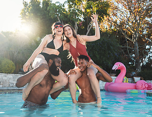 Image showing Happy, fun and portrait of friends in the pool for summer, swimming and party in Miami. Smile, playful and group of people in the water for a game, relax and holiday celebration together at a hotel