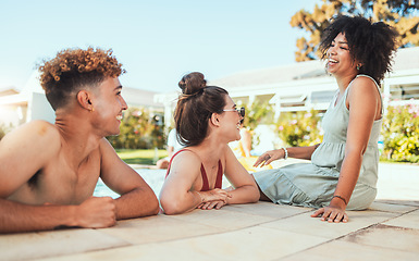 Image showing Party, pool and diversity with friends having fun together in summer at a celebration event. Happy, swimming and social with a young man and woman friend group laughing or joking at a birthday