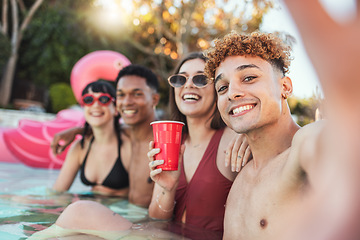 Image showing Pool party, beer and friends selfie, having fun and taking pictures. Summer celebration, water swimming or group portrait of people with alcohol taking photo for happy memory or social media at event