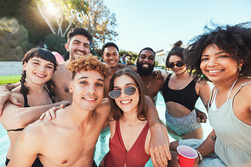 Image showing Selfie, fun and portrait of friends at a pool party for summer, holiday and happy swimming in Thailand. Relax, smile and group of people in the water with a photo memory on a tropical vacation