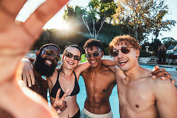 Image showing Peace sign, friends selfie and pool party, having fun or partying on new year. Swimming celebration, water event and group portrait of people with hand gesture, laughing and taking social media photo