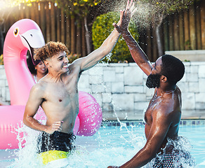 Image showing Man, friends and high five in swimming pool for fun summer vacation, water splash or holiday in the outdoors. Happy men smiling in joyful and playful happiness for swim, celebration or swimsuit party