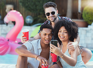 Image showing Selfie, party and fun with friends outdoor in summer taking a picture together for social media. Photograph, birthday and diversity with a young man and woman friend group posing for a self portrait