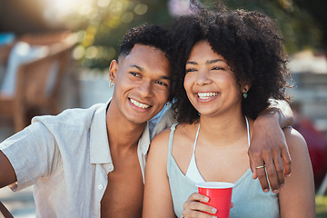 Image showing Selfie, party and drinking with a black couple outdoor together at a celebration event in summer. Happy, smile and love with a young man and woman enjoying alcohol at a birthday or social gathering